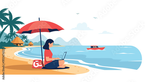 Freelancer sitting on a sandy beach under a red umbrella working on a laptop with a view of the ocean and boat.
