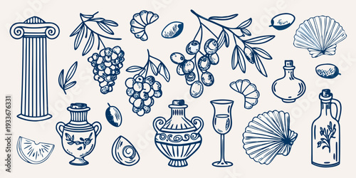 An assortment of mediterranean elements including olives grapes and pottery