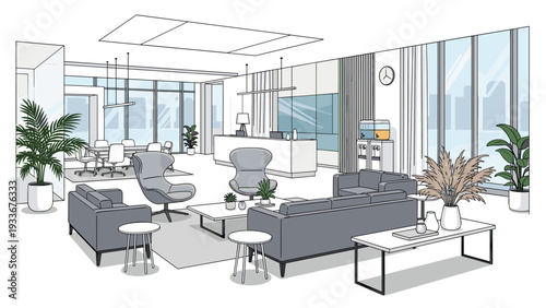 Interior design of a modern corporate lobby or lounge area with stylish sofas comfortable armchairs and large windows.
