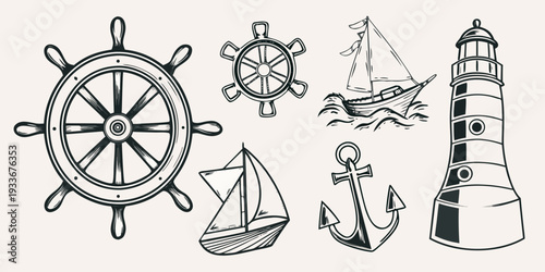 Vintage nautical elements including a ship s wheel lighthouse and sailboat
