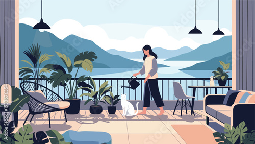 Young woman watering green plants on a scenic balcony overlooking a mountain lake with a white cat sitting nearby.