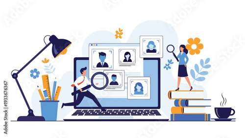 Human resources recruitment concept with people using magnifying glasses to search for candidates on a laptop.