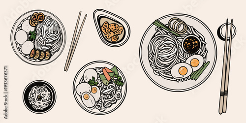 Overhead view of various noodle and rice dishes with utensils