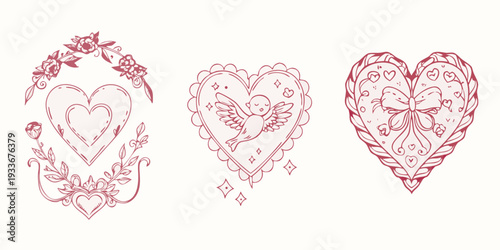 Three vintage style heart illustrations with floral and bird motifs