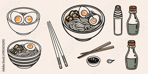 Illustration of ramen eggs and condiments in a minimalist style