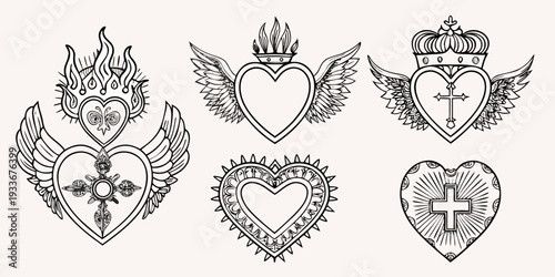 Collection of ornate sacred heart designs with wings and religious symbols
