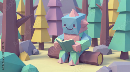 Low poly creature pastel color reading book forest geometric tree fantasy cute sitting log playful