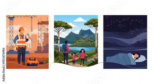 Work life balance concept with people in different environments work family and rest