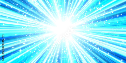 Bright blue abstract background featuring a radiant sunburst of light rays and glowing energy flares in a stellar sky design