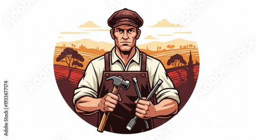 Farmer holding hammer and tools in rural landscape at sunset wearing apron and cap ready for work