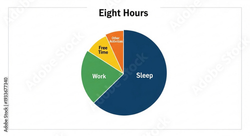 Daily routine distribution sleep work free time and commute illustrated in a colorful pie chart on white background