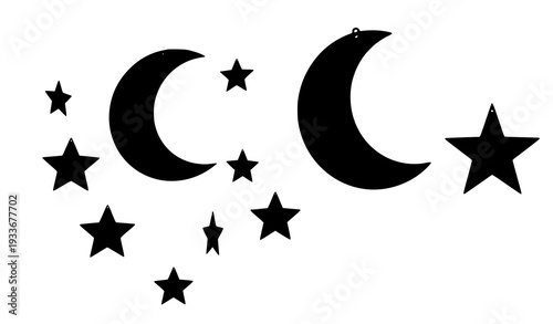 A minimalist vector graphic of crescent moons and stars on a white background