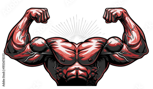 A muscular flexed arm icon in a bold red and black color scheme