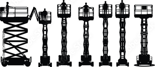 Six black silhouettes of people operating different types of elevated work platforms and scissor lifts