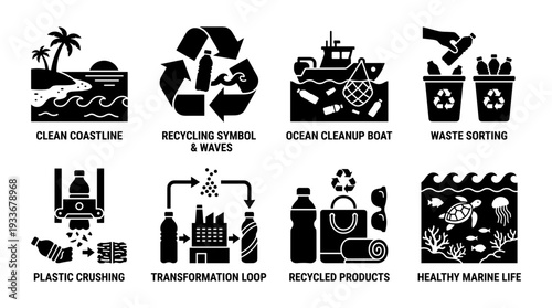 Ocean cleanup and plastic recycling icon set. Coastal protection, waste sorting, and healthy marine ecosystem concepts.