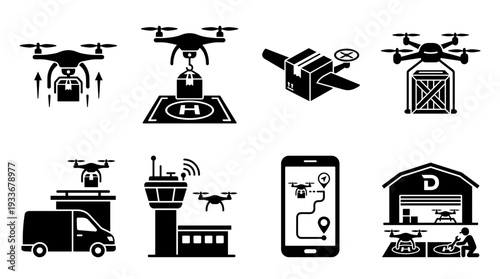 Drone delivery and logistics icon set. UAV services, package transport, and smart warehousing concepts.