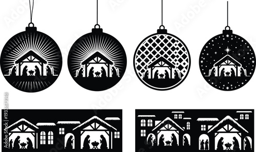 Christmas nativity scene silhouette, holy family in manger, Joseph Mary baby Jesus, shepherds animals stable, circular ornament design, starry sky background, cad drawing flat vector illustration