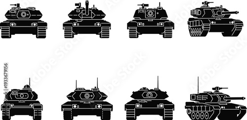Military tank silhouette vector illustration, armored vehicle design, war machine profile, combat weaponry drawing, front and side view tanks, cad drawing flat vector illustration