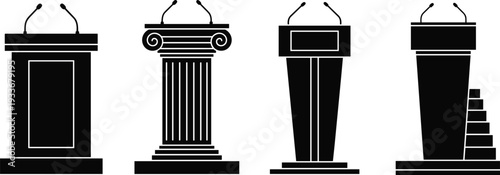 Podium silhouette vector illustration, lectern with microphones, classical column design, modern trapezoid podium, tapered stage furniture, public speaking presentation stand, cad drawing flat vector 
