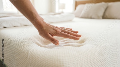 Hand pressing into soft memory foam mattress for comfort and support.