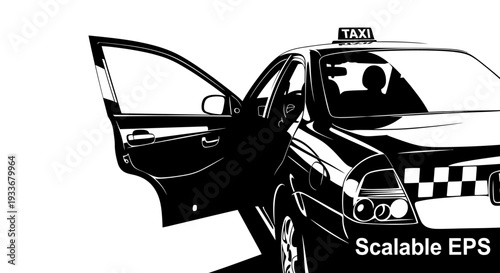 Black and white illustration of a taxi with open door