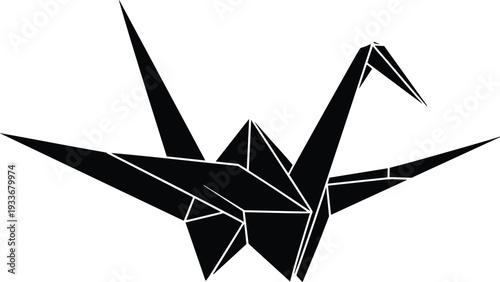Origami crane silhouette illustration, minimalist paper bird symbol of peace, hope and creativity, isolated on white background vector