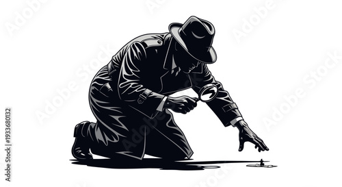Detective Kneeling With Magnifying Glass Investigating Clue