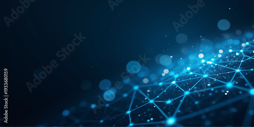 A futuristic digital network design featuring an abstract blue background with glowing light effects, shining stars, and electric energy flashes to create a bright technological science concept illust