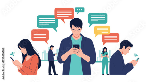 Diverse group of people standing in a city and using their smartphones for social networking and communication.