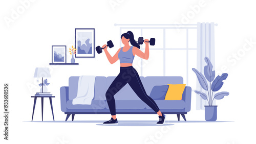 Determined woman performs a lunge exercise with dumbbells in her living room to maintain a healthy home routine.