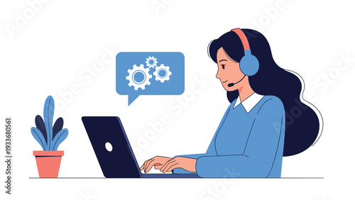 Friendly customer service representative types on her laptop to resolve user issues and technical gear problems.