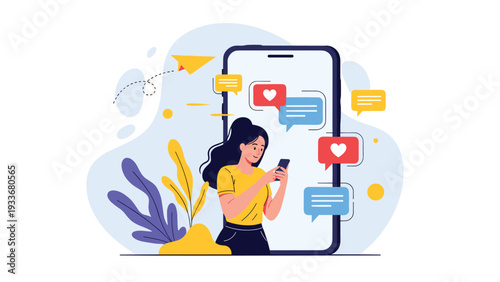 Social media influencer uses her smartphone to check notifications and likes in front of a giant device screen.