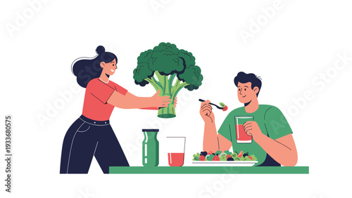 Healthy eating concept shows a woman sharing a giant broccoli with her partner during a nutritious salad meal.