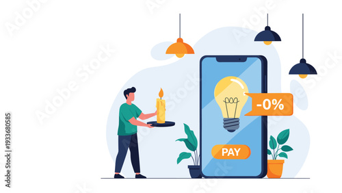 Person holding candle stands next to large smartphone displaying electricity payment portal for energy bill savings.