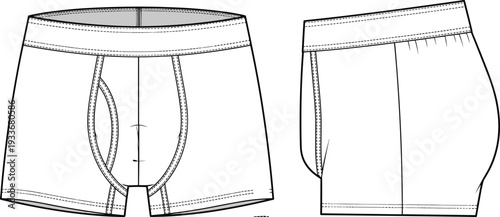 PrintMens Underwear Boxer Briefs Technical Flat Sketch Illustration Set Showing Front and Side Views for Apparel Design and Fashion Mockup