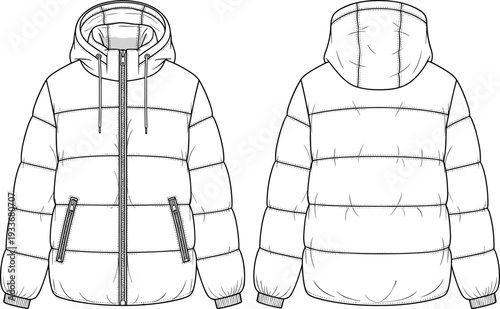 Fashion technical sketch of a puffer jacket with hood front and back view vector template for winter outerwear design mock up