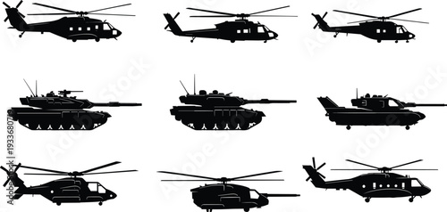 Military vehicle silhouette set featuring army tanks and helicopters isolated on white background for war games and tactical combat design projects
