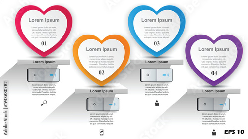 3D Heart-Shaped Process Infographic Template. Vector Illustration of a 4-Step Sequential Mission Graphic with Toggle Switch Icons