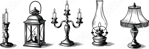 Vintage candle holders and oil lamps collection in engraved hand drawn style for antique lighting vector illustration design