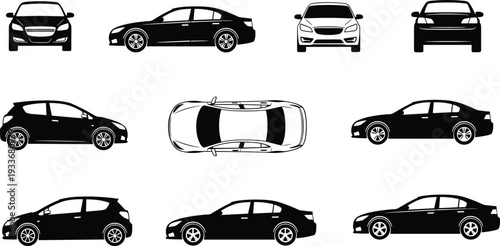 Collection of Modern Car Silhouettes and Vehicle Vector Icons From Side Front Back and Top View for Automotive Industry Branding