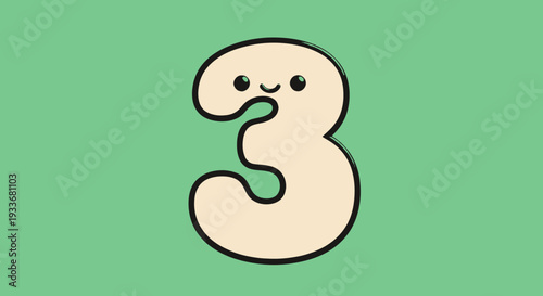 A cartoon number three with a face on a green background illustration viewed directly