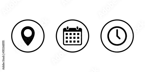 Location, calendar, and clock icon in circular outline. Map pin, date, and time symbol. Event schedule sign