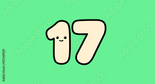 Cartoon number seventeen character illustration on green background viewed straight on displayed digitally