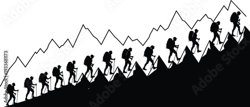 Silhouette of Hikers Climbing Mountain Range Vector Illustration for Outdoor Adventure Trekking Tourism Professional Graphic Design and Nature Expedition Projects