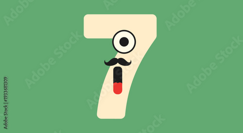 Number seven illustration with mustache and monocle on green background viewed from front