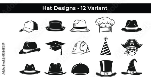 Set of twelve different hat designs including baseball cap fedora pirate hat graduation cap and chef hat silhouettes on white background