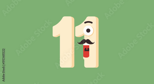 A cartoon number eleven with a mustache and monocle illustration on green