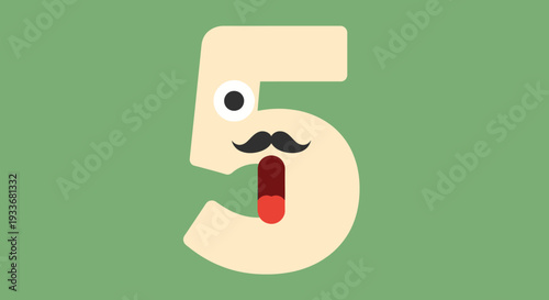 A cartoon number five with a mustache and tongue sticking out on green background illustration viewed from the front