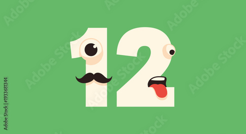 A cartoonish illustration of the number twelve with facial features on a green background viewed straight on.