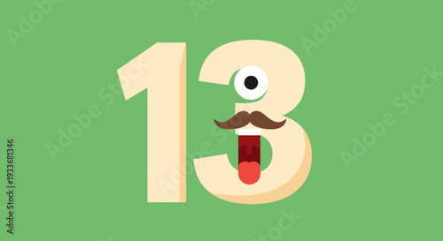 A cartoon number thirteen with a mustache and an eyeball in a green background scene illustration